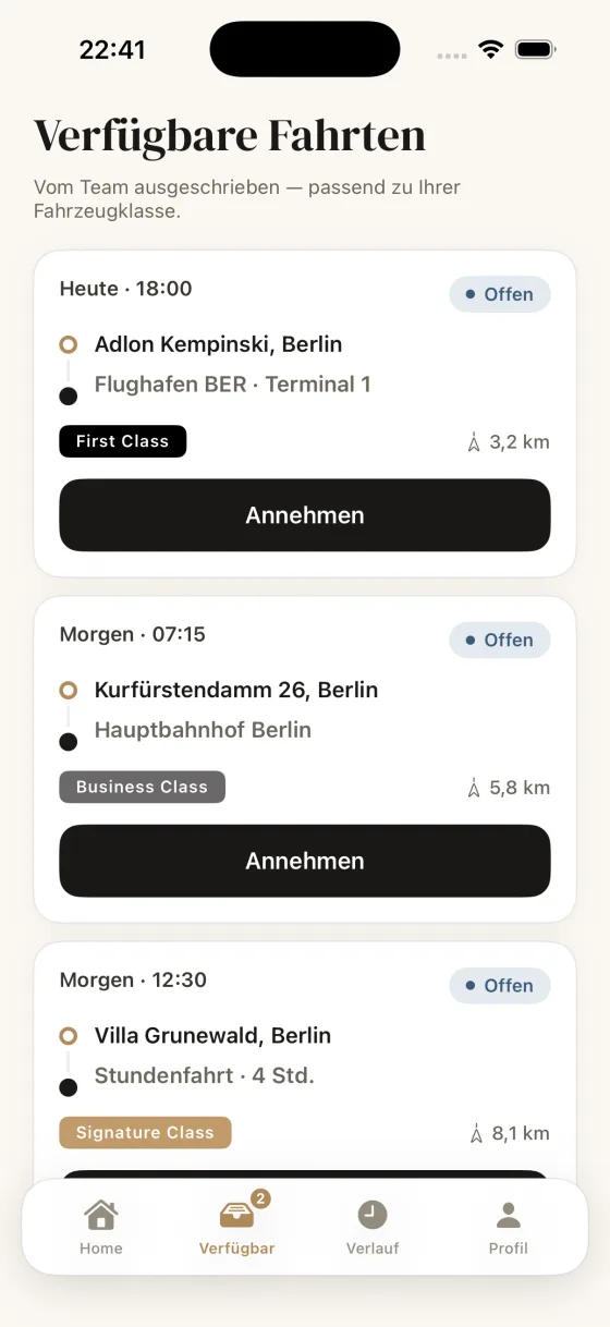 Fahrer-App — Verfügbare Fahrten